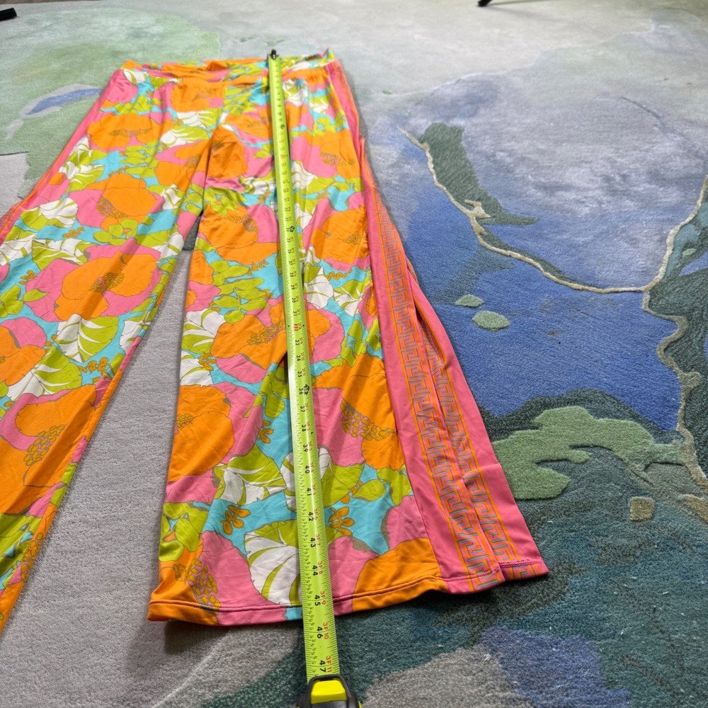 Trina Turk Floral Wide Leg Lounge Pants Orange Pink Greek Key Stripe XL - Picture 7 of 9